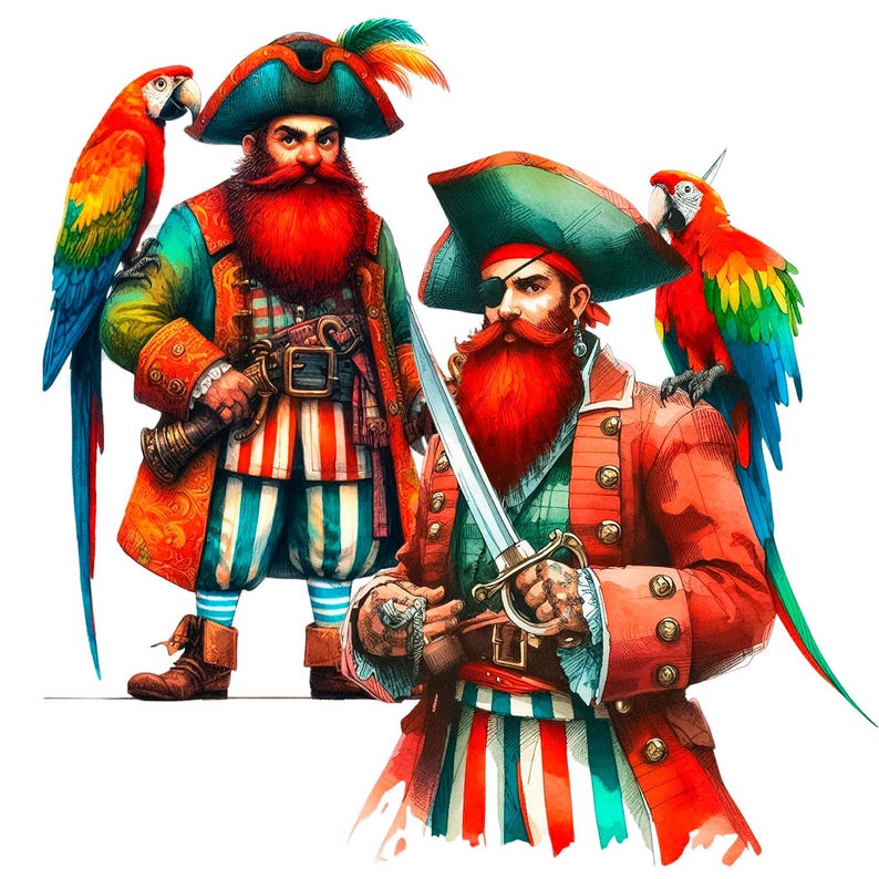 May include: Two cartoon pirates with red beards and feathered hats. One pirate holds a sword and the other holds a sword and a pistol. Both pirates are wearing striped pants and red jackets. Two red and green parrots are perched on the pirates' shoulders.