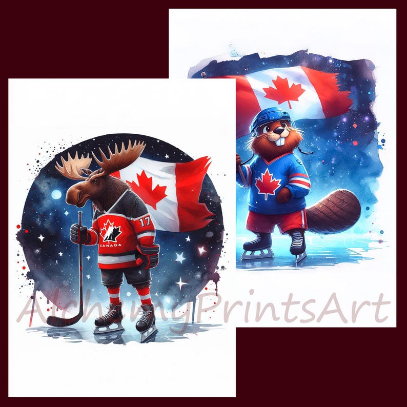 Puede incluir: Dos animales de dibujos animados con jerseys de hockey y sosteniendo palos de hockey. Un alce con una bandera canadiense detr&aacute;s y un castor con una bandera canadiense en su mano. Ambos est&aacute;n sobre un fondo azul y blanco con estrellas.