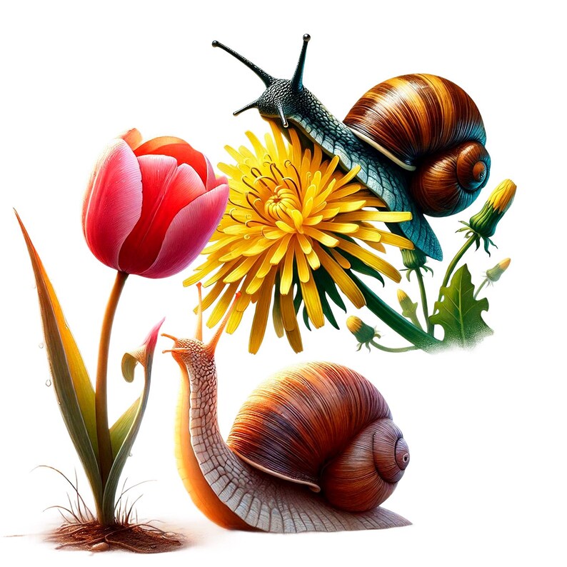 Puede incluir: Dos caracoles, uno marr&oacute;n y otro negro, se arrastran sobre una flor de diente de le&oacute;n amarilla. Una tulipa rosa con hojas verdes est&aacute; en el fondo.