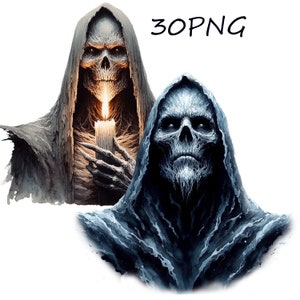May include: Two digital illustrations of hooded figures with skeletal faces. The figure on the left is holding a lit candle. The figure on the right is in a dark blue hooded robe.