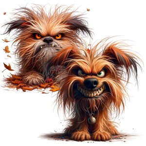 Puede incluir: Dos perros de dibujos animados con pelaje marr&oacute;n desgre&ntilde;ado y expresiones amenazantes. El perro de la izquierda lleva un collar rojo y est&aacute; rodeado de hojas de oto&ntilde;o. El perro de la derecha lleva un collar plateado con una campana.