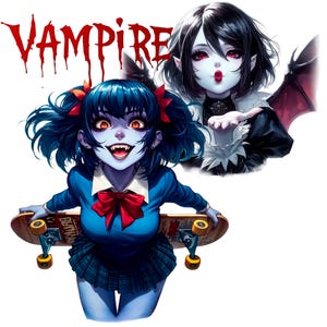 May include: Illustration of two anime-style vampires. One is holding a skateboard, wearing a blue uniform with a red bow, and has blue hair. The other vampire is blowing a kiss. The word "VAMPIRE" is written in red dripping letters.