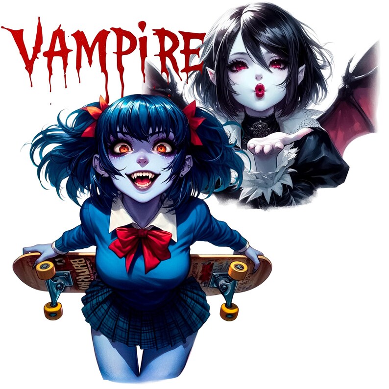 May include: Illustration of two anime-style vampires. One is holding a skateboard, wearing a blue uniform with a red bow, and has blue hair. The other vampire is blowing a kiss. The word "VAMPIRE" is written in red dripping letters.