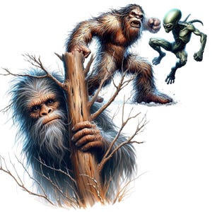 May include: A digital illustration of three mythical creatures. A green alien with a large head and long arms is in the upper right corner of the image. A brown, hairy Bigfoot is in the upper left corner of the image. A gray, hairy Bigfoot is hiding behind a tree trunk in the lower left corner of the image.