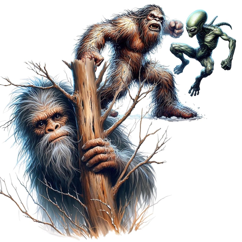May include: A digital illustration of three mythical creatures. A green alien with a large head and long arms is in the upper right corner of the image. A brown, hairy Bigfoot is in the upper left corner of the image. A gray, hairy Bigfoot is hiding behind a tree trunk in the lower left corner of the image.