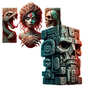 Pode incluir: Uma ilustra&ccedil;&atilde;o colorida de uma escultura de inspira&ccedil;&atilde;o maia com um rosto de cr&acirc;nio, uma mulher com um terceiro olho e uma cobra. A escultura &eacute; feita de pedra e tem detalhes intrincados.