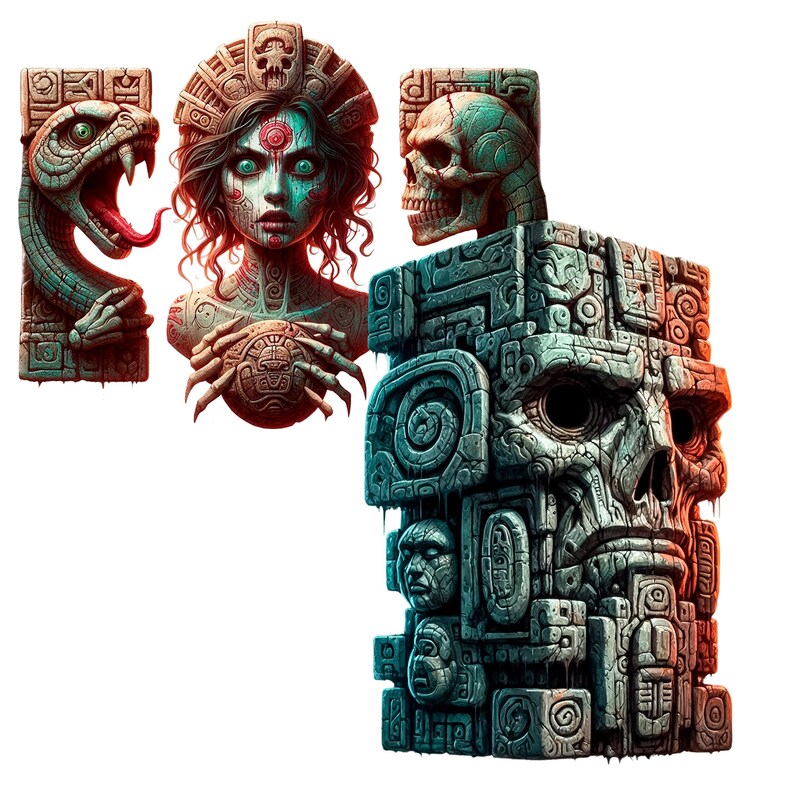 Pode incluir: Uma ilustra&ccedil;&atilde;o colorida de uma escultura de inspira&ccedil;&atilde;o maia com um rosto de cr&acirc;nio, uma mulher com um terceiro olho e uma cobra. A escultura &eacute; feita de pedra e tem detalhes intrincados.