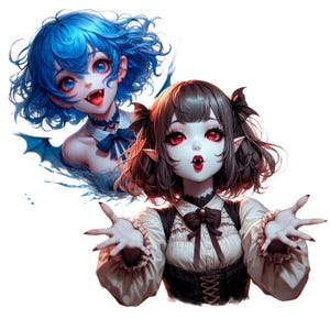 May include: Two anime-style vampire girls with pale skin, red eyes, and fangs. One has blue hair and bat wings, the other has dark hair and is wearing a black corset. Both are smiling with open mouths.
