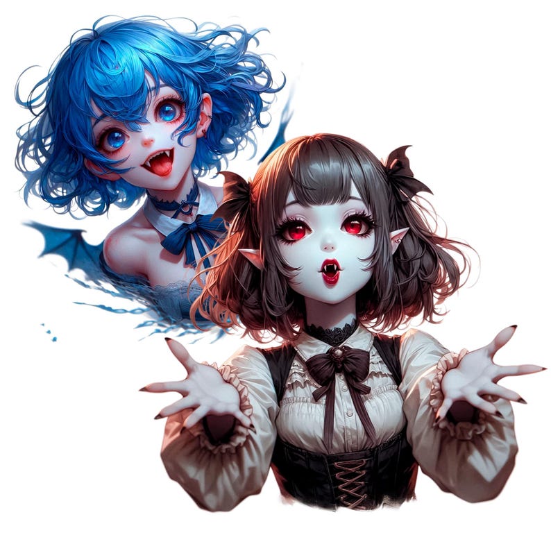 May include: Two anime-style vampire girls with pale skin, red eyes, and fangs. One has blue hair and bat wings, the other has dark hair and is wearing a black corset. Both are smiling with open mouths.