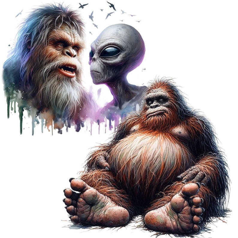 May include: A digital illustration of three mythical creatures: a gray alien, a Bigfoot with brown fur, and a Sasquatch with orange fur. The alien is looking to the right, the Bigfoot is looking to the left, and the Sasquatch is looking straight ahead. The background is white with purple and blue watercolor splatters.