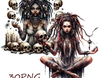 Könnte beinhalten: Zwei Frauen mit Dreadlocks, eine hält einen Schädel, umgeben von Schädeln und Kerzen. Die Frau links trägt ein weißes Kleid mit Stammesmustern und Schmuck. Die Frau rechts trägt ein weißes Kleid mit komplizierten Tattoos und Schmuck. Beide Frauen haben dunkle Augen und dunkles Haar.