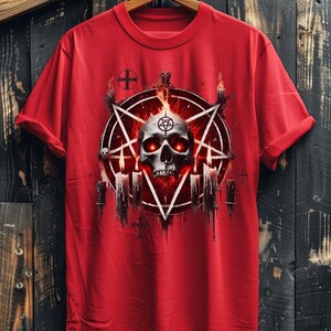 May include: Red t-shirt with a graphic print of a skull in a pentagram surrounded by flames and candles.