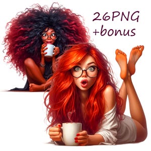May include: Two women, one with long red hair and the other with long curly black and red hair, are both holding white mugs. The woman with red hair is wearing glasses and has a surprised expression. The woman with black and red hair is wearing glasses and has a neutral expression. Both women are wearing casual clothing.