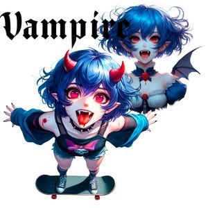 May include: Illustration of two anime-style vampires with blue hair and red eyes. One is on a skateboard, wearing a black top with a skull and bow, and shorts. The other vampire has a bat wing and a blue dress. The word "Vampire" is at the top.