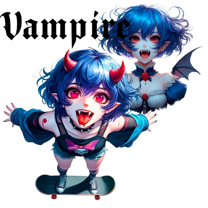 May include: Illustration of two anime-style vampires with blue hair and red eyes. One is on a skateboard, wearing a black top with a skull and bow, and shorts. The other vampire has a bat wing and a blue dress. The word "Vampire" is at the top.