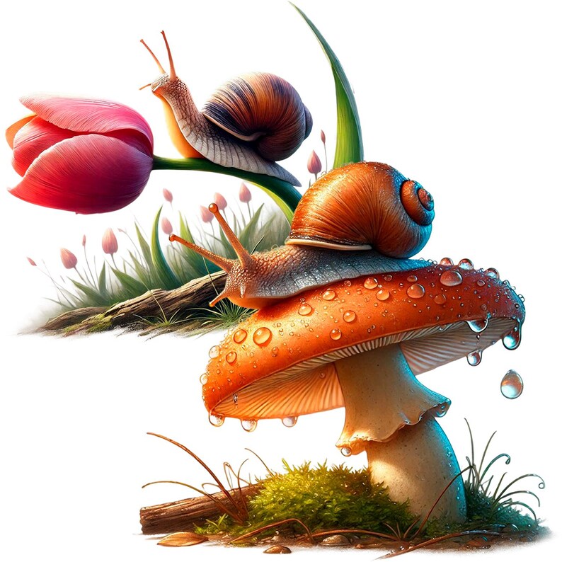 Puede incluir: Dos caracoles en un hongo con un tulip&aacute;n rosa en el fondo. El hongo es naranja y tiene gotas de agua. Los caracoles son marrones y tienen una concha.