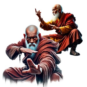 May include: Two elderly men with long white beards are wearing traditional brown and orange robes. They are both in a fighting stance with their hands raised. The man on the left is in a more aggressive stance, while the man on the right is more relaxed.
