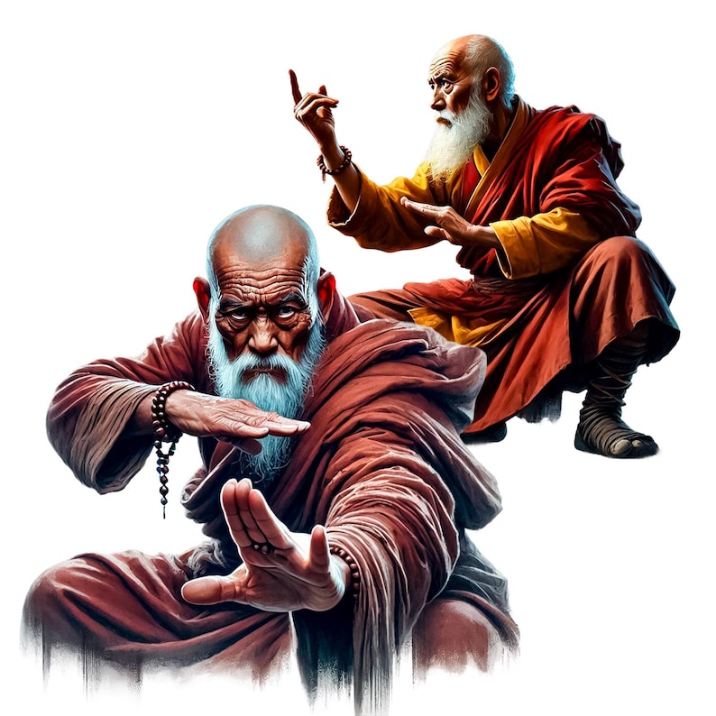 May include: Two elderly men with long white beards are wearing traditional brown and orange robes. They are both in a fighting stance with their hands raised. The man on the left is in a more aggressive stance, while the man on the right is more relaxed.
