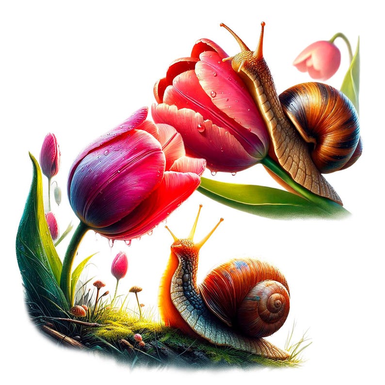 Puede incluir: Dos caracoles se arrastran sobre tulipanes rosas y morados con hojas verdes. Los caracoles son marrones y tienen una concha en espiral.