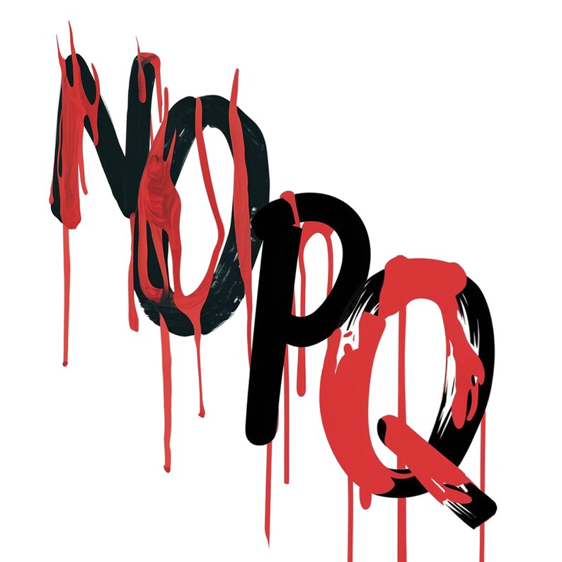 Pu&ograve; includere: Le lettere "NOPQ" sono dipinte in nero e rosso, con la vernice rossa che cola verso il basso. Le lettere sono stilizzate e sembrano essere state dipinte con un pennello.