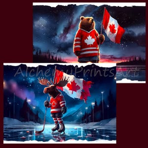 Puede incluir: Dos ilustraciones de animales canadienses con jerseys de hockey y sosteniendo banderas canadienses. La primera imagen muestra un oso marr&oacute;n sosteniendo una bandera canadiense con un cielo nocturno estrellado en el fondo. La segunda imagen muestra un alce sosteniendo una bandera canadiense y un palo de hockey en un lago congelado con un cielo nocturno estrellado en el fondo.