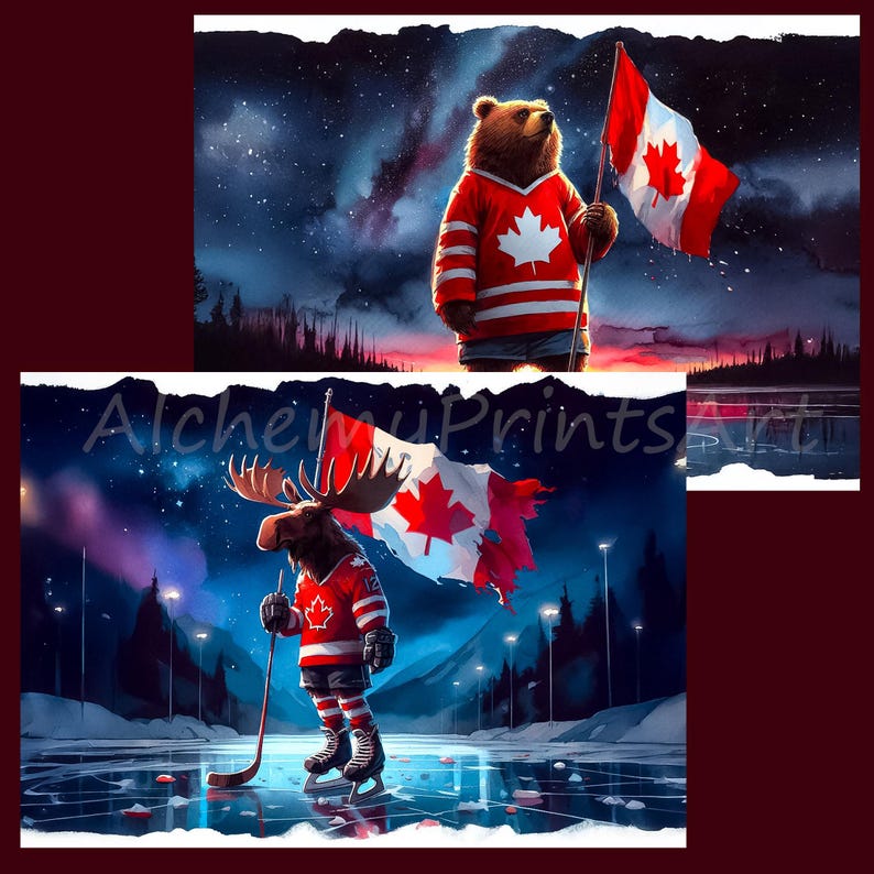 Puede incluir: Dos ilustraciones de animales canadienses con jerseys de hockey y sosteniendo banderas canadienses. La primera imagen muestra un oso marr&oacute;n sosteniendo una bandera canadiense con un cielo nocturno estrellado en el fondo. La segunda imagen muestra un alce sosteniendo una bandera canadiense y un palo de hockey en un lago congelado con un cielo nocturno estrellado en el fondo.
