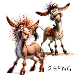 Puede incluir: Dos burros de dibujos animados con grandes sonrisas y pelaje desgreñado. El burro de la izquierda es marrón y tiene una melena salvaje. El burro de la derecha es gris y tiene una silla de montar.