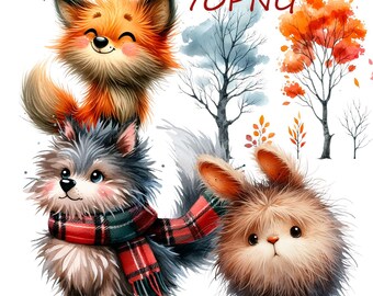 May include: A watercolour illustration of a fox, a dog, and a rabbit. The fox is orange and white with a fluffy tail. The dog is grey and white with a red and green plaid scarf. The rabbit is brown and white with long ears. The animals are set against a white background with watercolour trees and leaves.