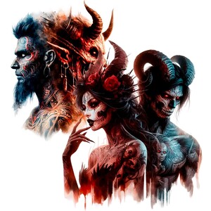 May include: A digital painting depicting three figures with horns and skull-like faces. The figures are painted in a dark, dramatic style with red, blue, and black colours. The figures are surrounded by a red and black background.