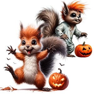 Puede incluir: Dos ardillas de dibujos animados vestidas con disfraces de Halloween. Una ardilla lleva una s&aacute;bana blanca con agujeros y la otra lleva un disfraz marr&oacute;n y naranja. Ambas ardillas sostienen calabazas naranjas con caras talladas.