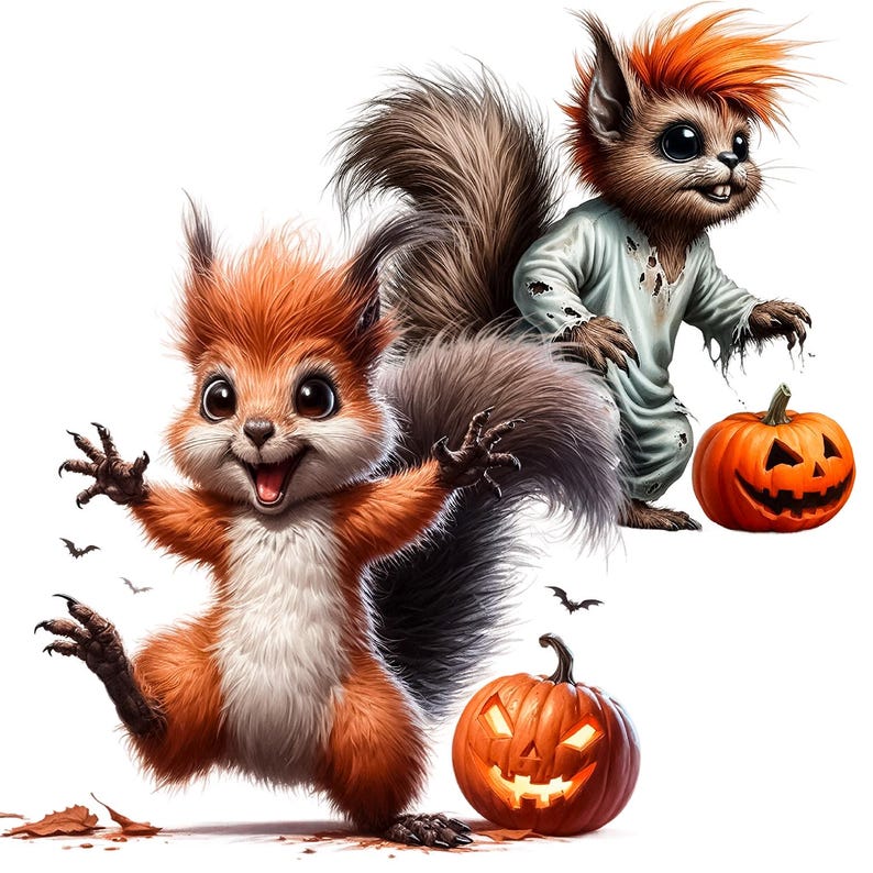 Puede incluir: Dos ardillas de dibujos animados vestidas con disfraces de Halloween. Una ardilla lleva una s&aacute;bana blanca con agujeros y la otra lleva un disfraz marr&oacute;n y naranja. Ambas ardillas sostienen calabazas naranjas con caras talladas.