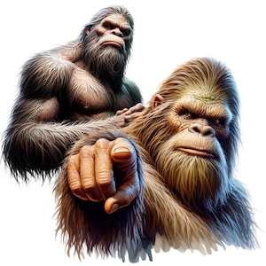 Puede incluir: Ilustraci&oacute;n de dos criaturas de Bigfoot. Una apunta directamente al espectador. Las criaturas est&aacute;n cubiertas de pelaje marr&oacute;n y beige, con rasgos faciales detallados y una expresi&oacute;n seria. El fondo es blanco.