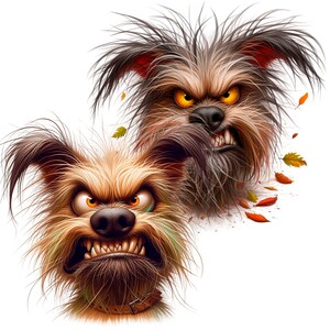 Puede incluir: Dos perros de dibujos animados con pelaje hirsuto y expresiones de enojo. Los perros tienen dientes afilados y miran directamente al espectador.