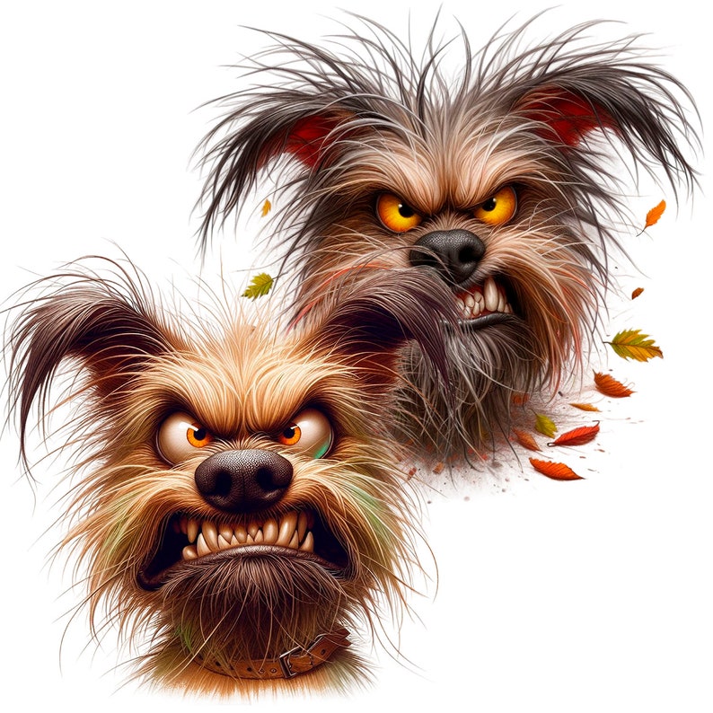 Puede incluir: Dos perros de dibujos animados con pelaje hirsuto y expresiones de enojo. Los perros tienen dientes afilados y miran directamente al espectador.