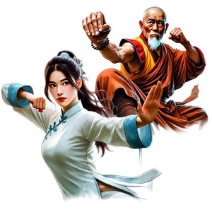 May include: A woman wearing a white martial arts uniform with blue accents is in a fighting stance. She has long dark hair and is looking to the right. Behind her is a man in a red and orange robe, also in a fighting stance. He has a white beard and is looking to the left.