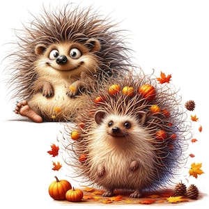 May include: Two cartoon hedgehogs, one with a brown and white spiky coat and the other with a brown spiky coat decorated with small orange pumpkins and leaves. Both hedgehogs have smiling faces.