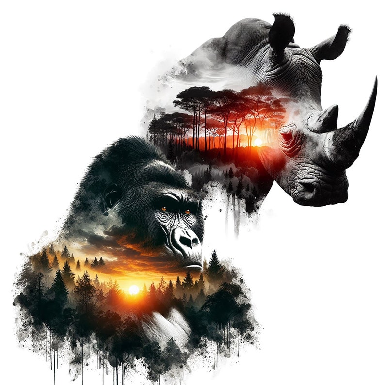 May include: A black and white digital art illustration of a gorilla and a rhinoceros with a sunset and forest scene in the background.