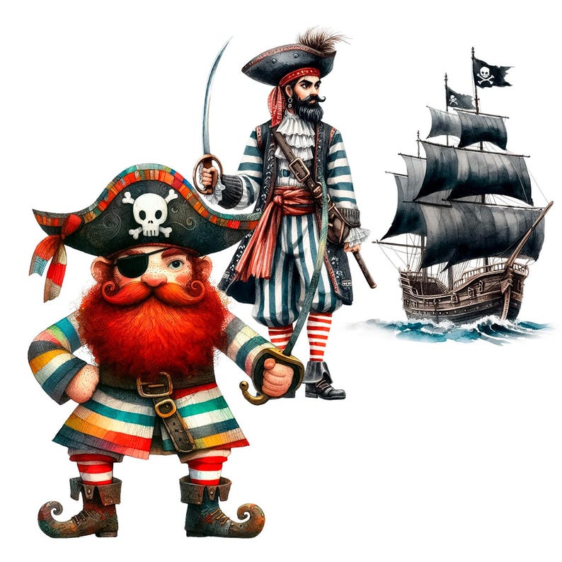 May include: A cartoon illustration of three pirates. A small, red-bearded pirate with a striped shirt and a skull and crossbones hat stands in the foreground. A tall, black-bearded pirate with a striped shirt and a black hat stands behind the small pirate. A black pirate ship with a skull and crossbones flag sails in the background.
