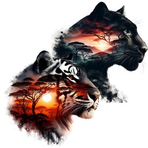 May include: A black panther and a white tiger are superimposed over a sunset landscape with trees. The animals are facing each other, with the panther on the top and the tiger on the bottom. The sunset is a vibrant orange and red, and the trees are silhouetted against the sky.