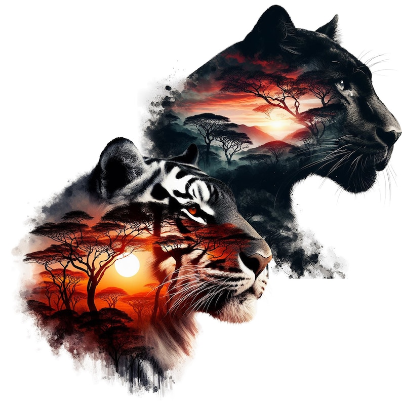 May include: A black panther and a white tiger are superimposed over a sunset landscape with trees. The animals are facing each other, with the panther on the top and the tiger on the bottom. The sunset is a vibrant orange and red, and the trees are silhouetted against the sky.