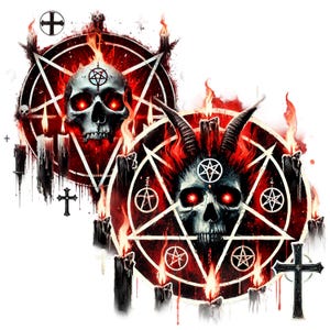 May include: Two red pentagram symbols with flames and skulls in the center. The skulls have red eyes and are surrounded by black candles.