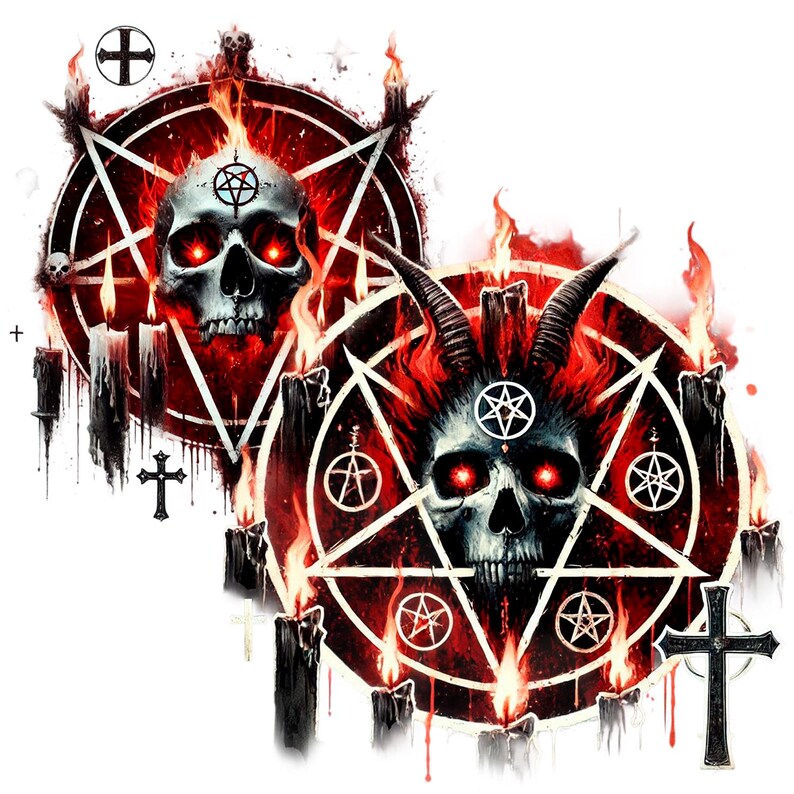 May include: Two red pentagram symbols with flames and skulls in the center. The skulls have red eyes and are surrounded by black candles.