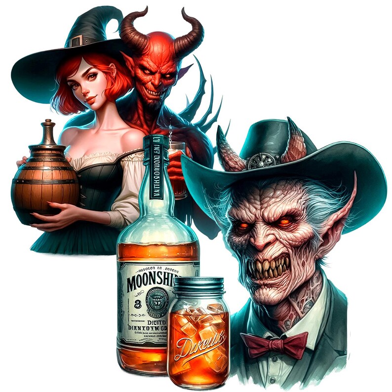 K&ouml;nnte beinhalten: Illustration mit einer Hexe, einem Teufel und einem Vampir, zusammen mit einer Flasche "Moonshine" und einem Glas "Devil's"-Getr&auml;nk. Die Hexe tr&auml;gt einen schwarzen Hut und h&auml;lt ein Holzfass. Der Teufel hat rote Haut und H&ouml;rner. Der Vampir tr&auml;gt einen Anzug und eine Fliege.