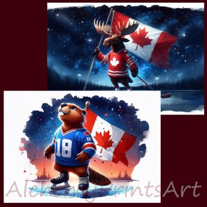 Puede incluir: Dos ilustraciones de animales canadienses con jerseys de hockey y sosteniendo palos de hockey. La primera ilustraci&oacute;n presenta un alce con un jersey rojo y blanco con el n&uacute;mero 9. La segunda ilustraci&oacute;n presenta un castor con un jersey azul con el n&uacute;mero 18. Ambas ilustraciones presentan una bandera canadiense en el fondo.