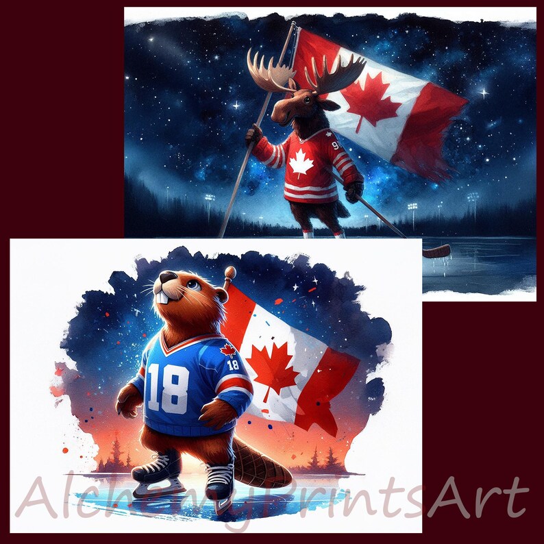 Puede incluir: Dos ilustraciones de animales canadienses con jerseys de hockey y sosteniendo palos de hockey. La primera ilustraci&oacute;n presenta un alce con un jersey rojo y blanco con el n&uacute;mero 9. La segunda ilustraci&oacute;n presenta un castor con un jersey azul con el n&uacute;mero 18. Ambas ilustraciones presentan una bandera canadiense en el fondo.