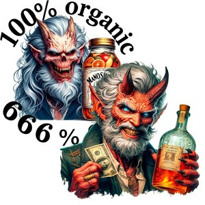 K&ouml;nnte beinhalten: Digitale Illustration mit zwei d&auml;monischen Figuren mit H&ouml;rnern, eine mit einem sch&auml;delartigen Gesicht und die andere mit einer Flasche Schnaps und einem Geldschein. Ein Glas mit Fr&uuml;chtekonserven und der Text "100% organic" und "666%" sind ebenfalls vorhanden.