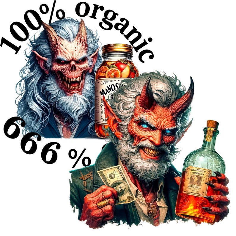 K&ouml;nnte beinhalten: Digitale Illustration mit zwei d&auml;monischen Figuren mit H&ouml;rnern, eine mit einem sch&auml;delartigen Gesicht und die andere mit einer Flasche Schnaps und einem Geldschein. Ein Glas mit Fr&uuml;chtekonserven und der Text "100% organic" und "666%" sind ebenfalls vorhanden.