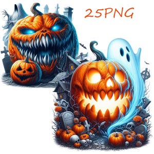 May include: Two carved pumpkins with glowing eyes and toothy grins, surrounded by spooky Halloween imagery, including a ghost, tombstones, and skulls.