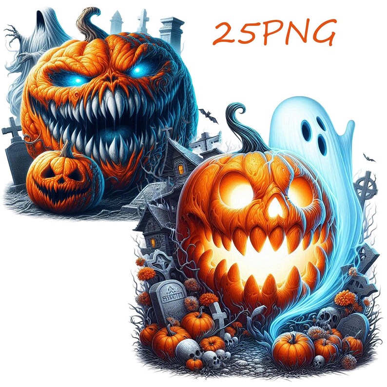 May include: Two carved pumpkins with glowing eyes and toothy grins, surrounded by spooky Halloween imagery, including a ghost, tombstones, and skulls.