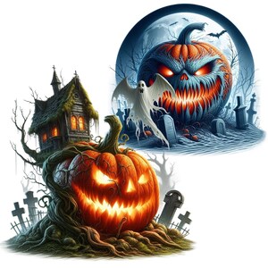 May include: Two Halloween-themed illustrations featuring jack-o'-lanterns, a spooky house, and a ghost. The first illustration shows a jack-o'-lantern with a menacing grin, surrounded by tombstones and a ghost. The second illustration shows a jack-o'-lantern with a friendly grin, sitting on a tree stump with a spooky house in the background.